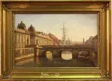 Axel Johansen, View along a Dutch Canal with Bridge and Buildings, 1930, oil on canvas