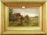 Ernest Walbourn, Landscape with a Young Lady walking by a Mill Stream, Ducks nearby, oil on board