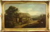 J. Bucker, Farmworker by Chickens and a Horse and Cart outside a Thatched Barn, oil on canvas