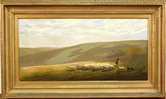 Clement Lambert, Downland View with a Shepherd herding his Flock along the Steyning Bowl, Sussex, oil on board
