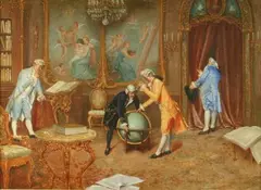 Vittorio Barbieri, The Astronomer's Study' (Rococo Interior Scene with Figures engaged in Scientific Pursuits, one Gentleman peering behind a Curtain), oil on canvas