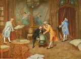 Vittorio Barbieri, The Astronomer's Study' (Rococo Interior Scene with Figures engaged in Scientific Pursuits, one Gentleman peering behind a Curtain), oil on canvas