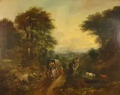 John James Barker, Figures in a Carriage passing Two Cows watering on a Riverbank, a Town beyond, oil on canvas