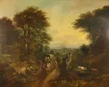 John James Barker, Figures in a Carriage passing Two Cows watering on a Riverbank, a Town beyond, oil on canvas