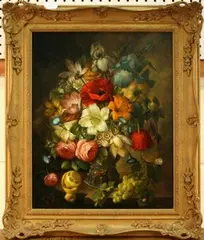 Donald Brooke, Still Life Study of Poppies, Tulips, Roses, Convolvulus, Primulas and Blossom in a Glass Vase on a Marble Ledge