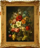 Donald Brooke, Still Life Study of Poppies, Tulips, Roses, Convolvulus, Primulas and Blossom in a Glass Vase on a Marble Ledge