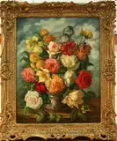 Donald Brooke, Still Life Study of Roses, Irides, Lilies and Peonies in a Glass Vase on a Stone Shelf, oil on canvas laid on board