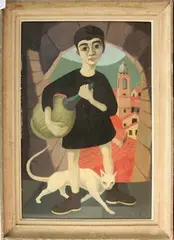E.M. Gilbey, Assisi' (Youth standing with a Cat in an Archway, the Town beyond), oil on board