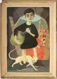 E.M. Gilbey, Assisi' (Youth standing with a Cat in an Archway, the Town beyond), oil on board
