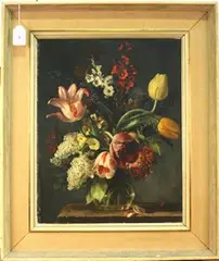 Stuart Somerville, Still Life Study of Tulips and Other Flowers in a Glass Vase, oil on panel
