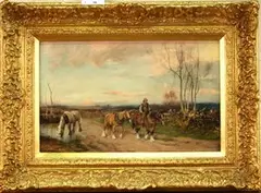 Tomson Laing, Farmhand riding a Shire Horse on a Country Track beside Two Other Horses, oil on canvas