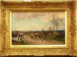 Tomson Laing, Farmhand riding a Shire Horse on a Country Track beside Two Other Horses, oil on canvas