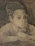 Jacob Epstein, Half Length Portrait of a Boy seated at a Table, early/mid-20th Century pencil