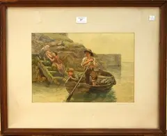 Henry J. Holding, Two Boys in a Rowing Boat near a Mother and Child, a Harbour Wall beyond, 1871, watercolour