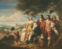 John Hollins, King Charles I and Family on a Hilltop, a Village and Crowds beyond, oil on canvas