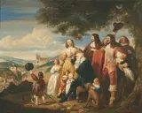 John Hollins, King Charles I and Family on a Hilltop, a Village and Crowds beyond, oil on canvas