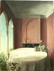 Felix Kelly, Man seated at a Round Table beside a Watering Can, within a Garden Room, oil on board