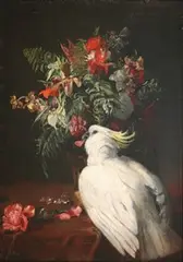 Paul Friedrich Meyerheim, Study of a Cockatoo beside a Flower-charged Vase, oil on canvas