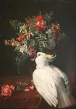 Paul Friedrich Meyerheim, Study of a Cockatoo beside a Flower-charged Vase, oil on canvas
