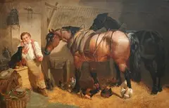 Henry Woollett, Stable Interior with a Farmer, Dog, Two Horses and Chickens, 1856, oil on canvas