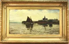 Colin Hunter, Coastal View with Sailing Vessel moored at a Jetty, a Church beyond, oil on canvas