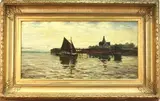 Colin Hunter, Coastal View with Sailing Vessel moored at a Jetty, a Church beyond, oil on canvas