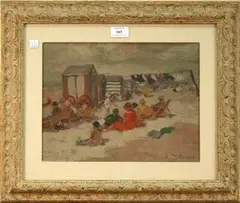 Roméo Dumoulin, Figures near Bathing Huts on a Blustery Beach, oil on canvas-board