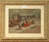 Roméo Dumoulin, Figures near Bathing Huts on a Blustery Beach, oil on canvas-board