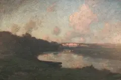 José Weiss, View along the River Arun towards Amberley, Sussex, at Dusk, with an Angler seated in a Moored Punt, oil on canvas