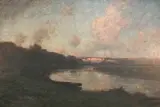 José Weiss, View along the River Arun towards Amberley, Sussex, at Dusk, with an Angler seated in a Moored Punt, oil on canvas
