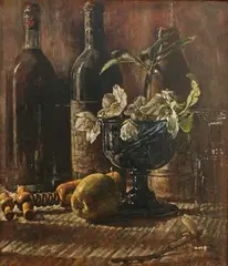 Kenneth Newton, Still Life Study of Hellebores in a Blue Glass Goblet beside an Apple, Corkscrew and Bottles, oil on canvas