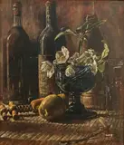 Kenneth Newton, Still Life Study of Hellebores in a Blue Glass Goblet beside an Apple, Corkscrew and Bottles, oil on canvas