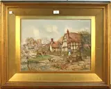 Joseph Hughes Clayton, Woman feeding Doves and Chickens beside a Water Pump, Thatched Cottages and a Church beyond, watercolour and gouache