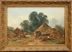 William W. Gosling, Figures making Fences and Gates within a Farmstead, oil on canvas