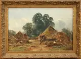 William W. Gosling, Figures making Fences and Gates within a Farmstead, oil on canvas