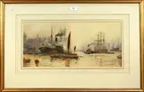 Frederick William Scarborough, Shipping on the River Thames, watercolour