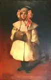Paolo Sala, Full Length Portrait of the Artist's Daughter with Pink Ribbons in her Hair, wearing a Cream Jacket, one Hand nestled in a Fur Muff