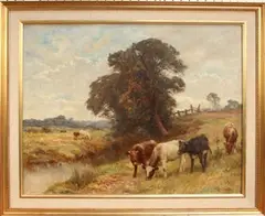 F.J.I. Trowles, Study of Cattle beside a River within a Landscape, oil on canvas