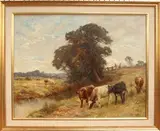 F.J.I. Trowles, Study of Cattle beside a River within a Landscape, oil on canvas