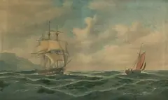 D. James, Coastal View with a Man-O'-War and other Shipping, 1892, oil on canvas