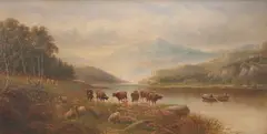 Harry Harris, Highland Landscape with Cattle, Sheep and Horse on the Bank of Loch near Figures in a Rowing Boat, oil on canvas