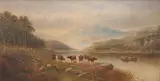 Harry Harris, Highland Landscape with Cattle, Sheep and Horse on the Bank of Loch near Figures in a Rowing Boat, oil on canvas