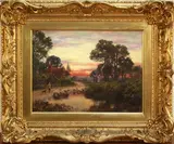 Yeend King, Landscape with Shepherd and Flock near a Pond and Cottage