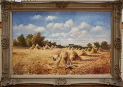 Robert Dumont-Smith, Landscape with a Figure Tying Corn Stooks, a Female Companion and a Dog seated nearby, a Farmstead beyond, oil on canvas