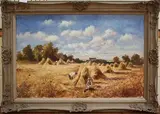 Robert Dumont-Smith, Landscape with a Figure Tying Corn Stooks, a Female Companion and a Dog seated nearby, a Farmstead beyond, oil on canvas