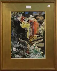 Amy Sawyer, Maidens on the Steps near a Fabulous Beast and its Master, watercolour and gouache