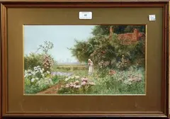 Arthur Wilkinson, Woman holding Flowers in a Cottage Garden, 1904, watercolour heightened with white