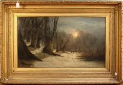William J. Roffe, In Kinmel Park, nr St Asaph, N.W.' (Snowy Woodland View at Twilight with Cart), oil on canvas