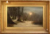 William J. Roffe, In Kinmel Park, nr St Asaph, N.W.' (Snowy Woodland View at Twilight with Cart), oil on canvas