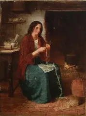 George Washington Brownlow, Cottage Interior with a Woman plaiting Straw, oil on canvas